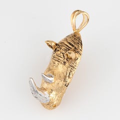 Rhinoceros Pendant Diamond Tusk Vintage 14k Yellow Gold Rhino Animal Jewelry