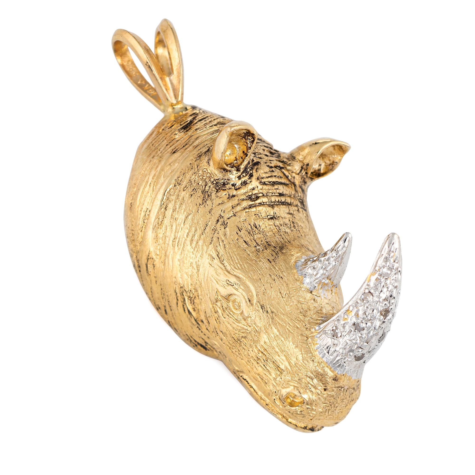 Round Cut Rhinoceros Pendant Diamond Tusk Vintage 14k Yellow Gold Rhino Animal Jewelry   For Sale