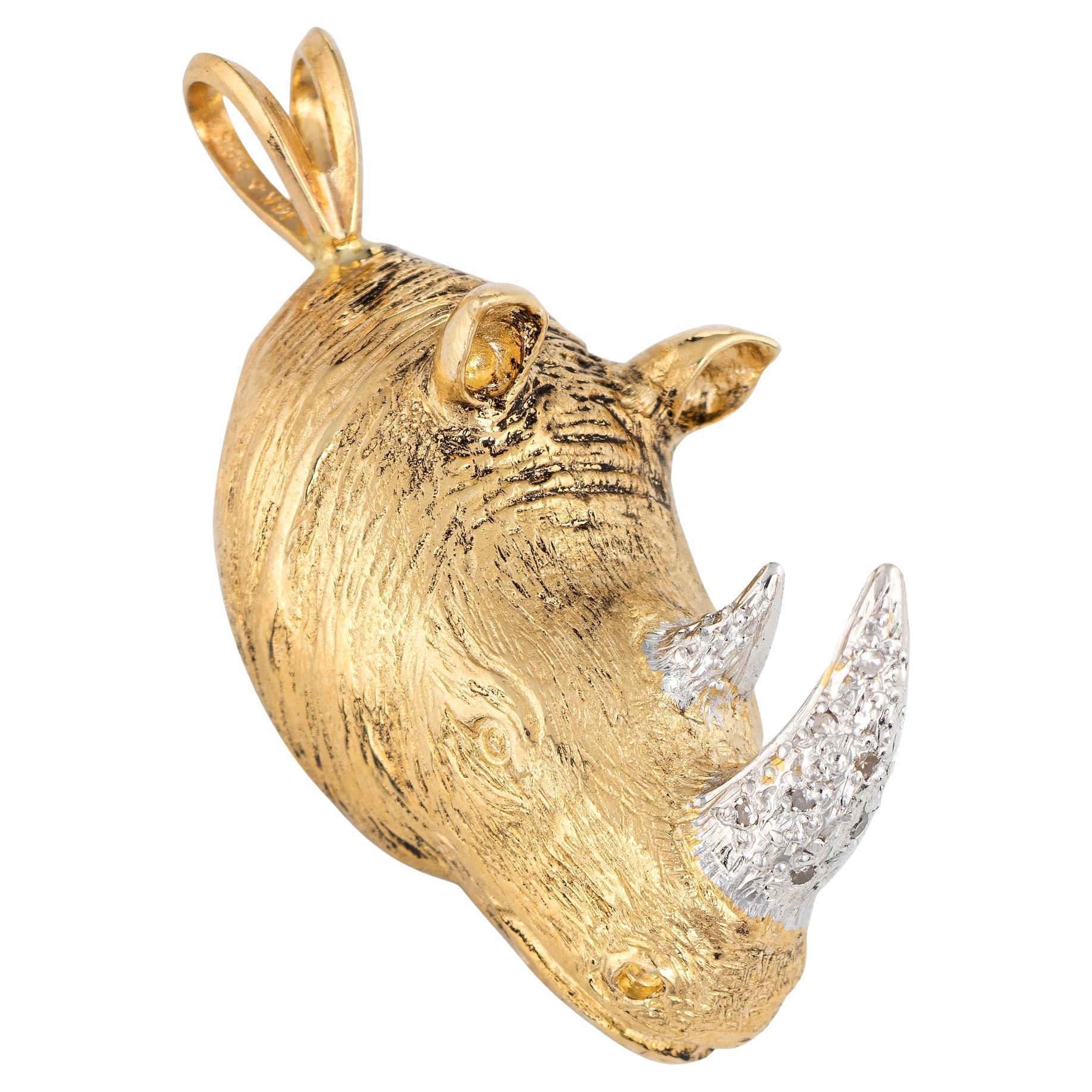 Rhinoceros Pendant Diamond Tusk Vintage 14k Yellow Gold Rhino Animal Jewelry For Sale