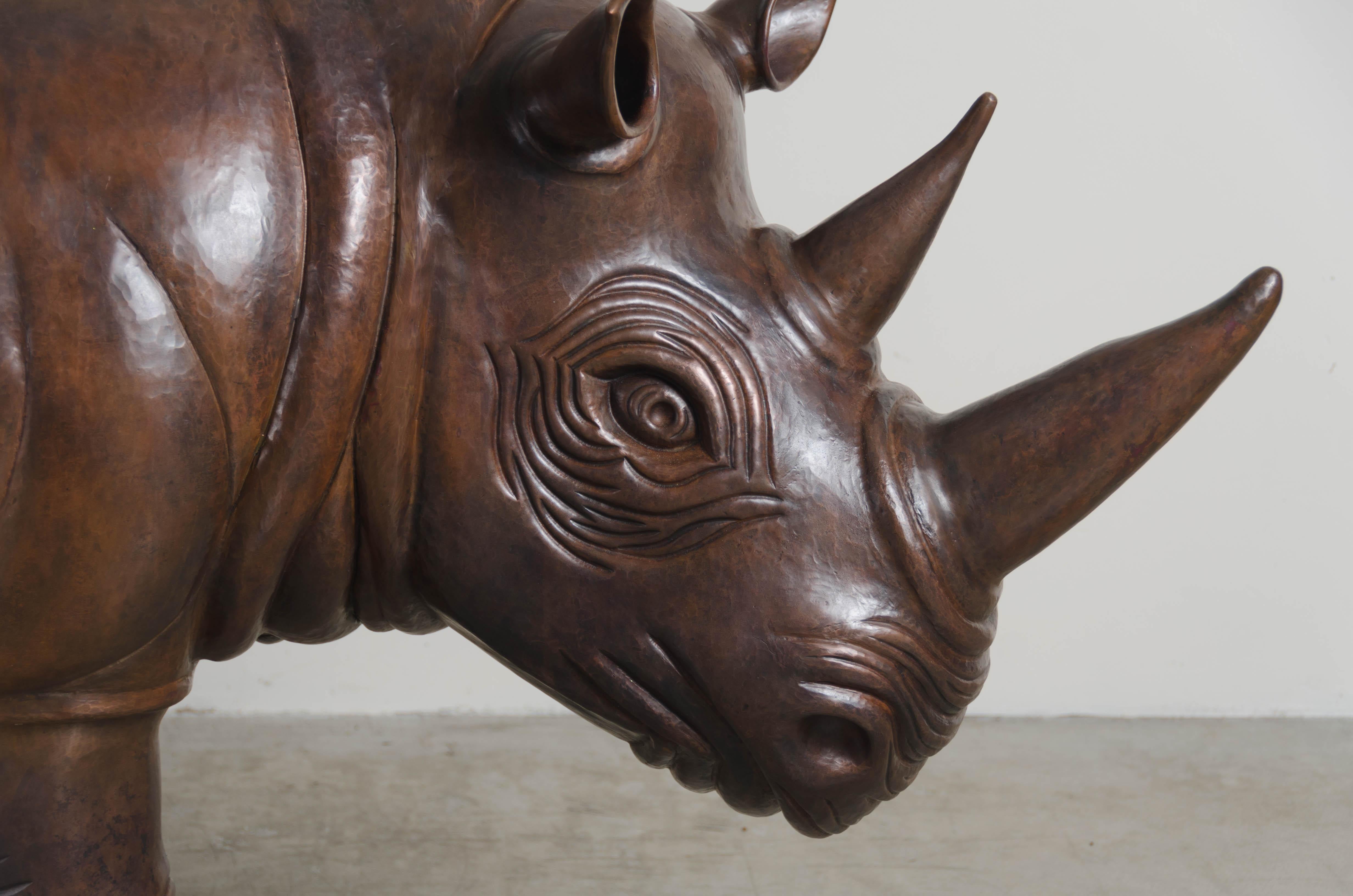 Rhinoceros Sculpture, Antique Copper by Robert Kuo, One of a Kind In New Condition For Sale In Los Angeles, CA