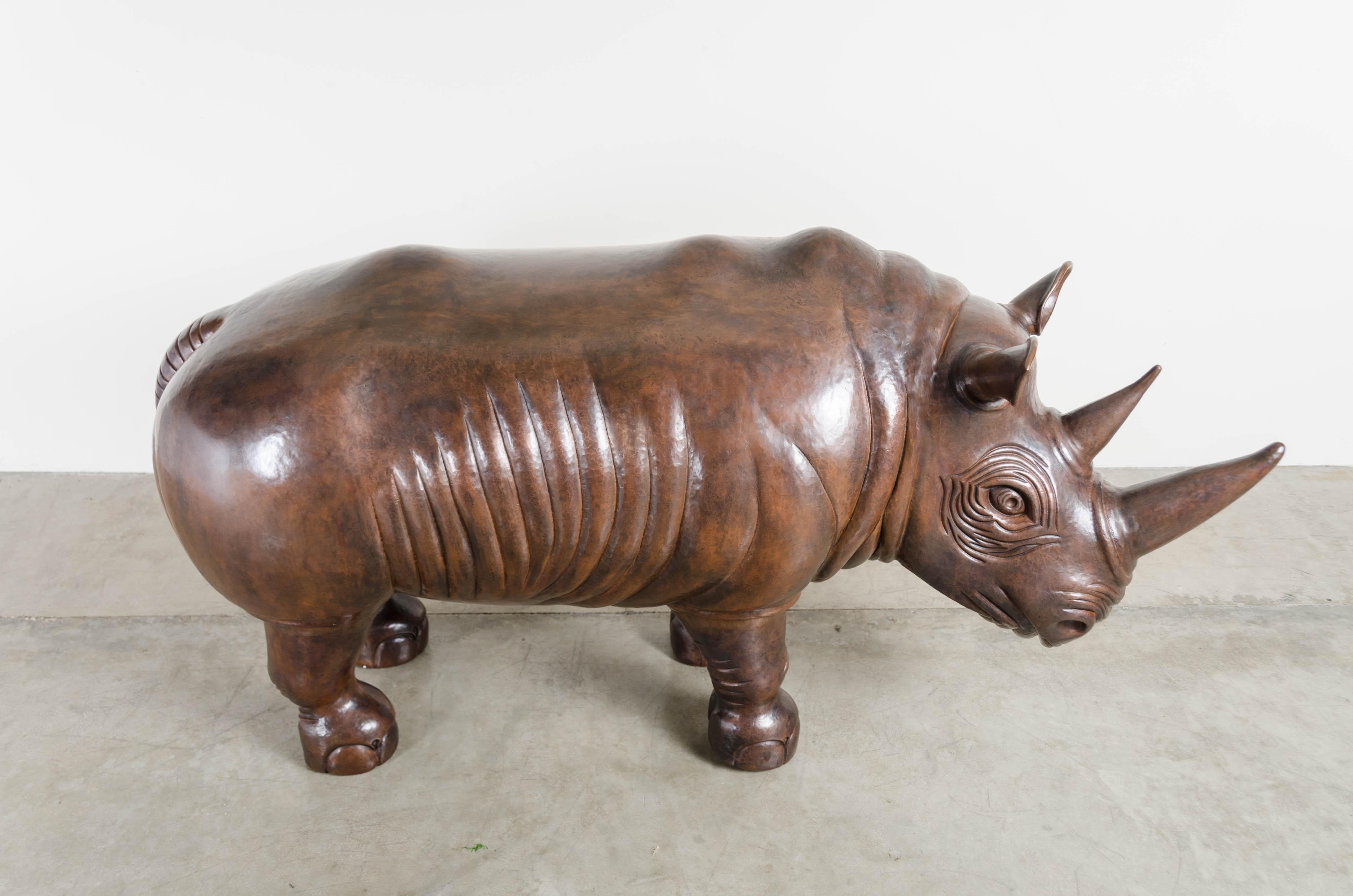 Contemporary Rhinoceros Sculpture, Antique Copper by Robert Kuo, One of a Kind For Sale
