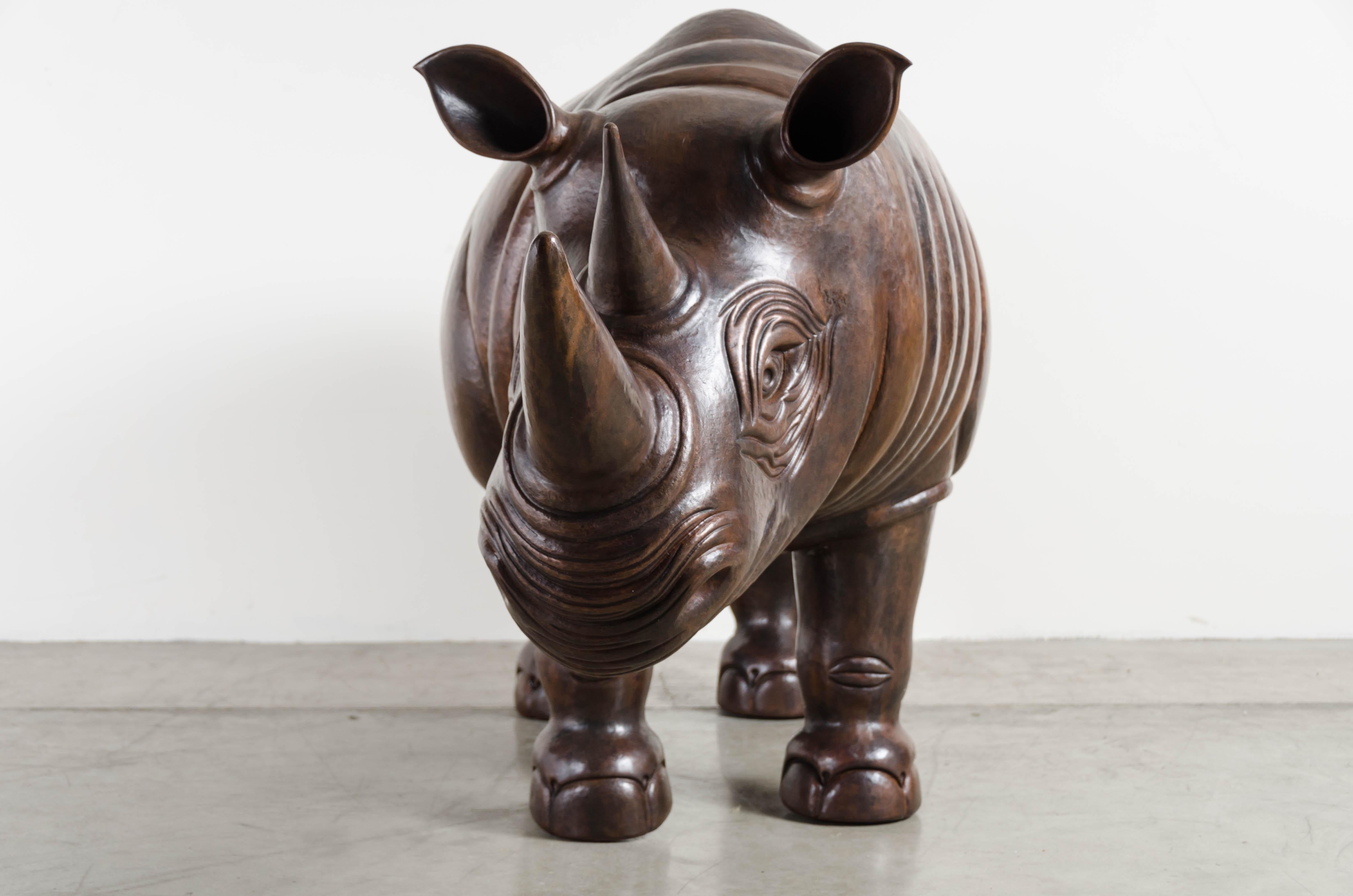 Rhinoceros Sculpture, Antique Copper by Robert Kuo, One of a Kind For Sale 1
