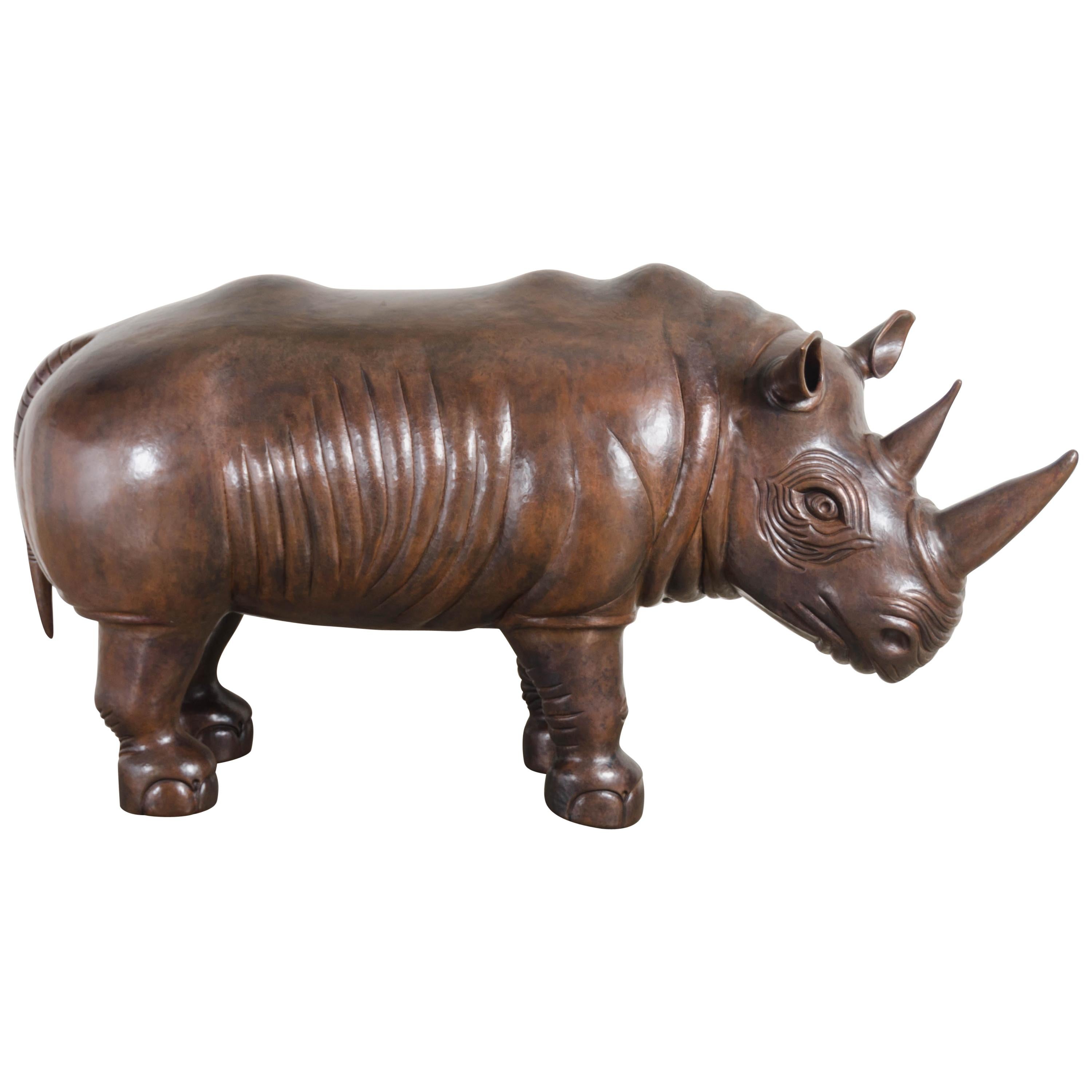 Rhinoceros Sculpture, Antique Copper by Robert Kuo, One of a Kind For Sale