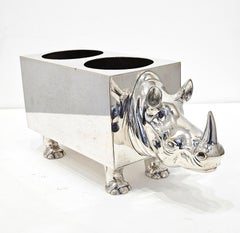 Mid Century Rhino Rhinoceros Silver Plate Novelty Wine Bottle Holder Stand, 1960