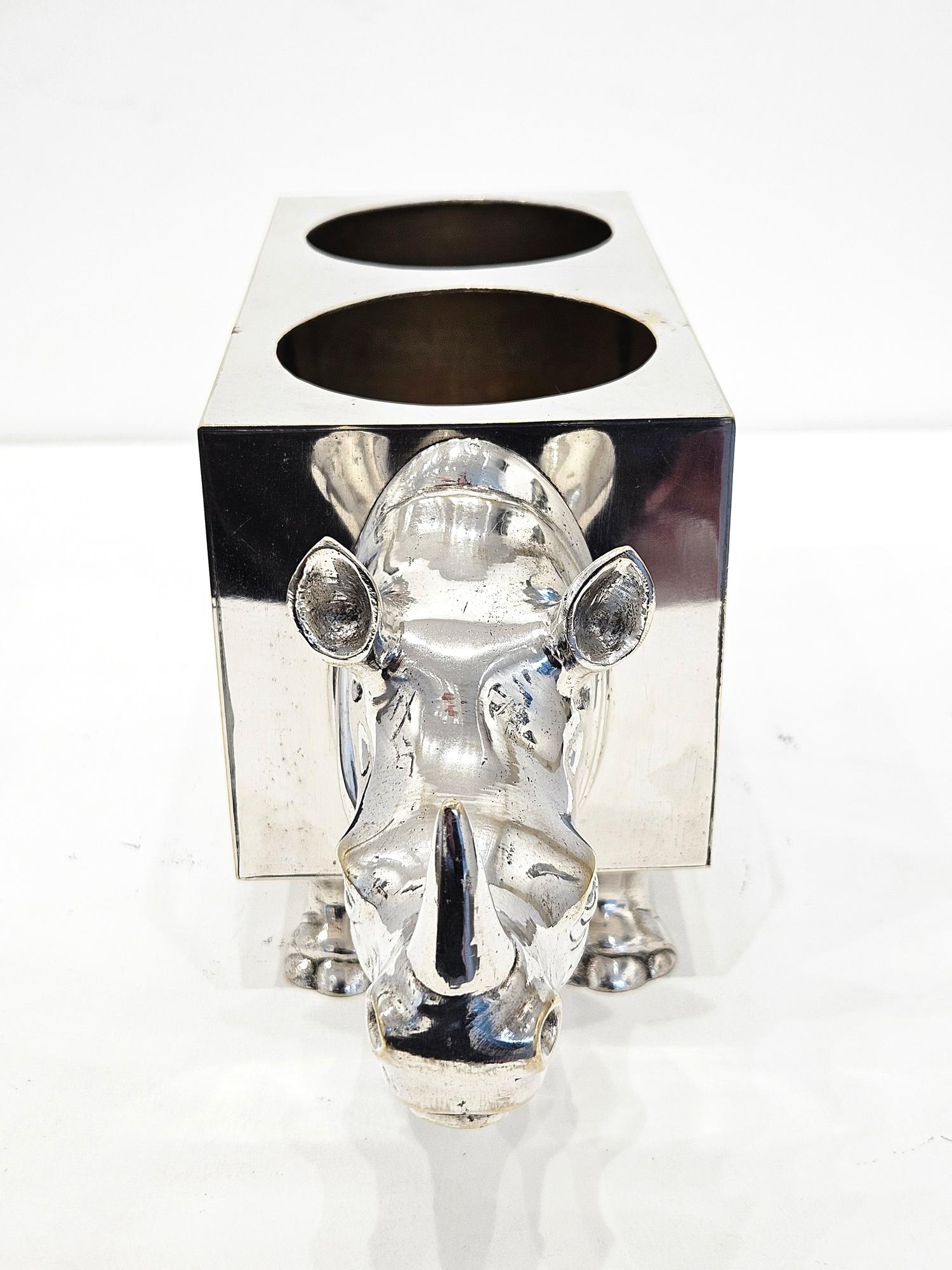 Rhinoceros Silver Plate Vintage Wine Bottle Holder In Good Condition For Sale In London, GB