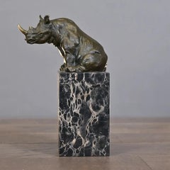 Rhinoceros Statuette in Antique Bronze on Marble Base, Barye Style