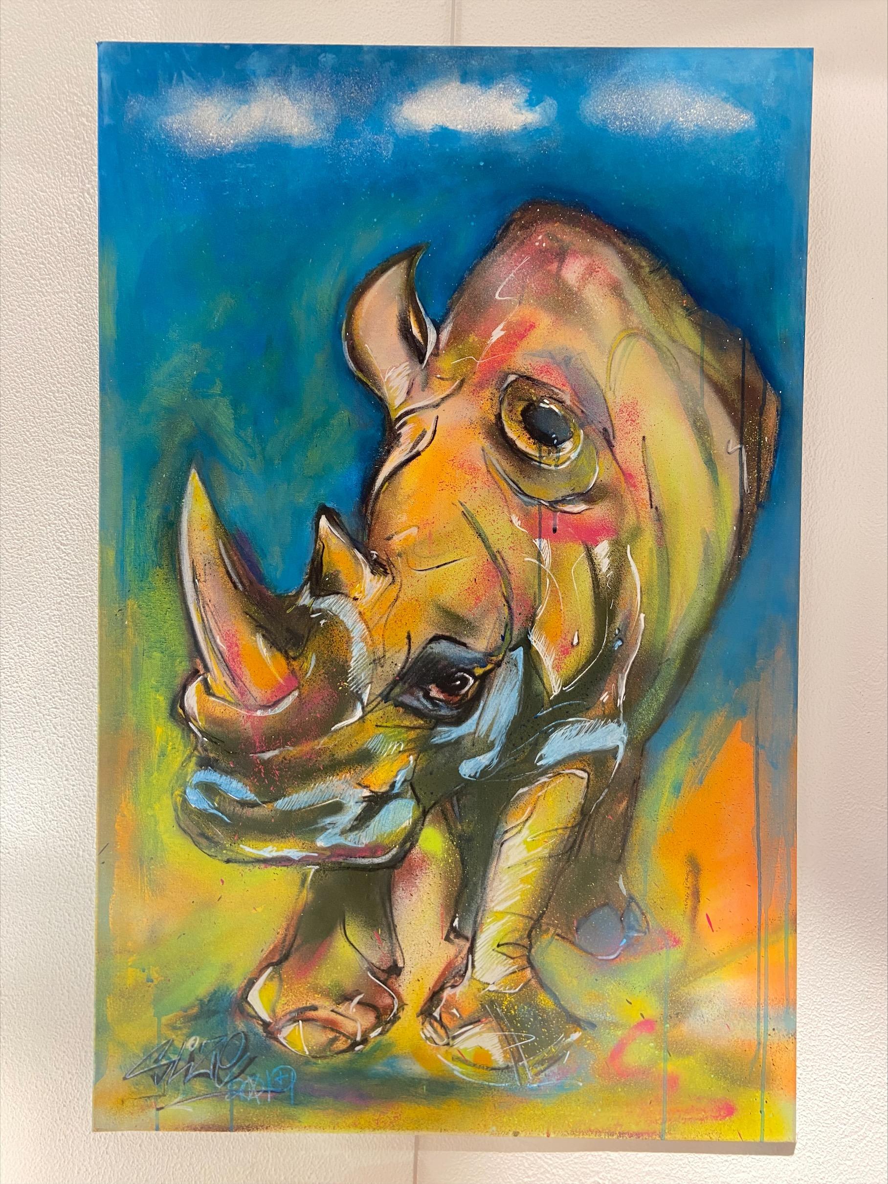 Rhinoceros street Style - Dr. Slice 
Mixed media Spray on canvas + Airbrush
75x115
2019
Signed and dated 
Slimene Khebour' from his name 'Slice' is an unconditional geek interested in both the recycling of materials and renewable energy.