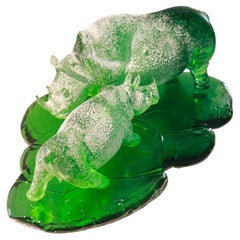 Rhinos Sculpture green Murano Glass, Pino Signoretto and Seguso Vetri D'Arte