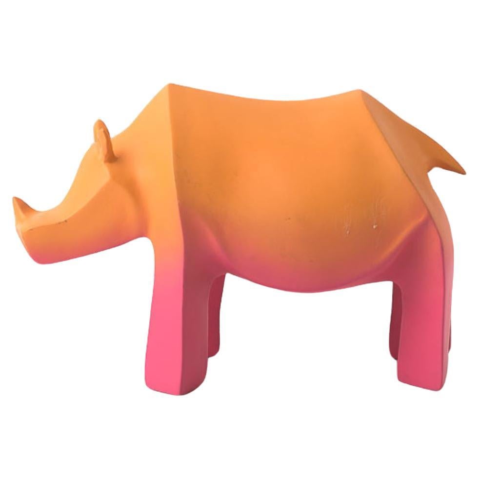 The Fiberglass Gradient Rhino Sculpture by Kunaal Kyhaan is part of a collection of sculptures that are inspired by Indian mythology and by exotic animals that are indigenous to India. 
Each animal is hand cast and reinterpreted into