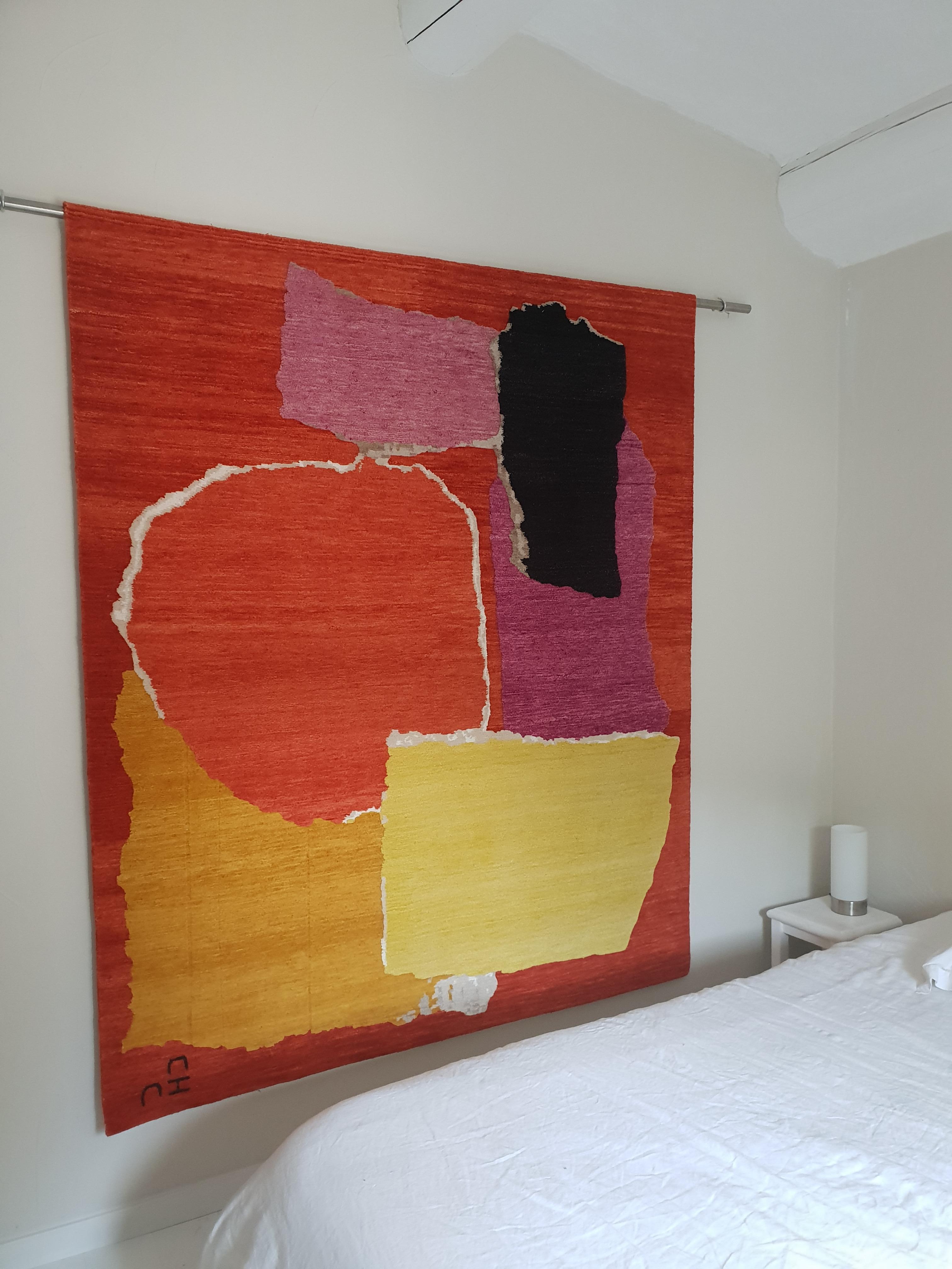 Rhizomes 1 colorful hand knotted rug by Charlotte Culot
Edition: 8
Signed
Dimensions: 190 x 155 cm
Materials: silk, wool, linen, allo
Hand knotted.

During a visit to Château La Coste in 2018 Charlotte Culot was inspired by a strikingly