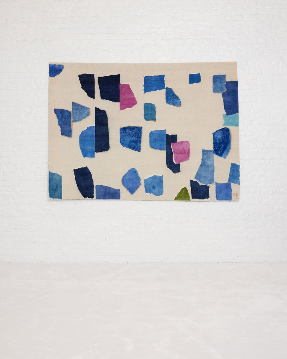 Rhizomes milky way blue hand knotted rug by Charlotte Culot.
Edition: 8
Signed
Dimensions: 250 x 180 cm.
Materials: silk, wool, linen, allo
Hand knotted.

Available in 250 x 180 cm and 320 x 230 cm.

During a visit to Château La Coste in 2018