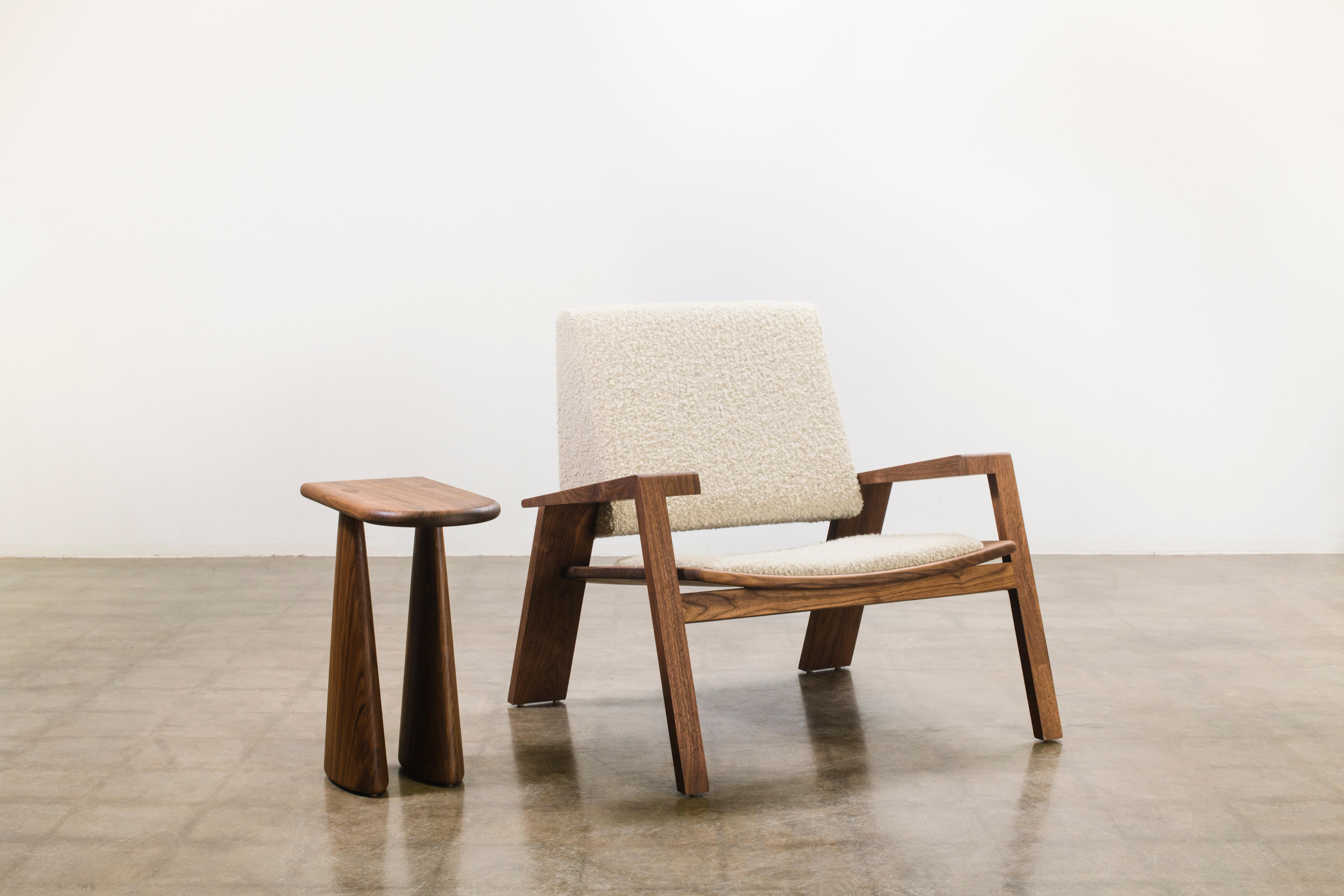 Contemporary Rhoco Arm Chair by Levi Christiansen in Walnut and Mohair Bouclé For Sale