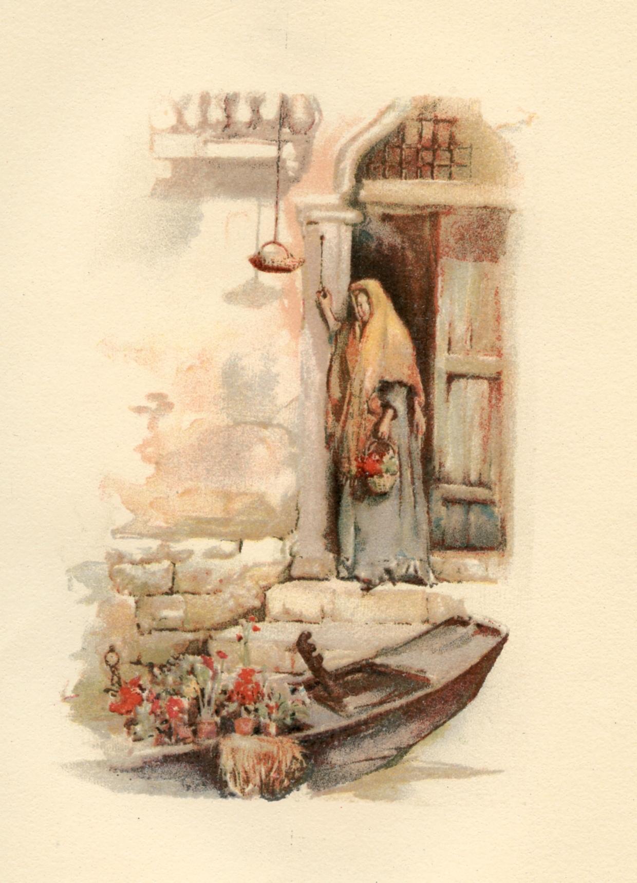 Medium: chromolithograph (after the watercolor). This delightful antique lithograph was published in a small edition in 1892 to illustrate a rare volume with scenes of Venetian life. A beautiful impression printed on cream wove paper. Image size: 4