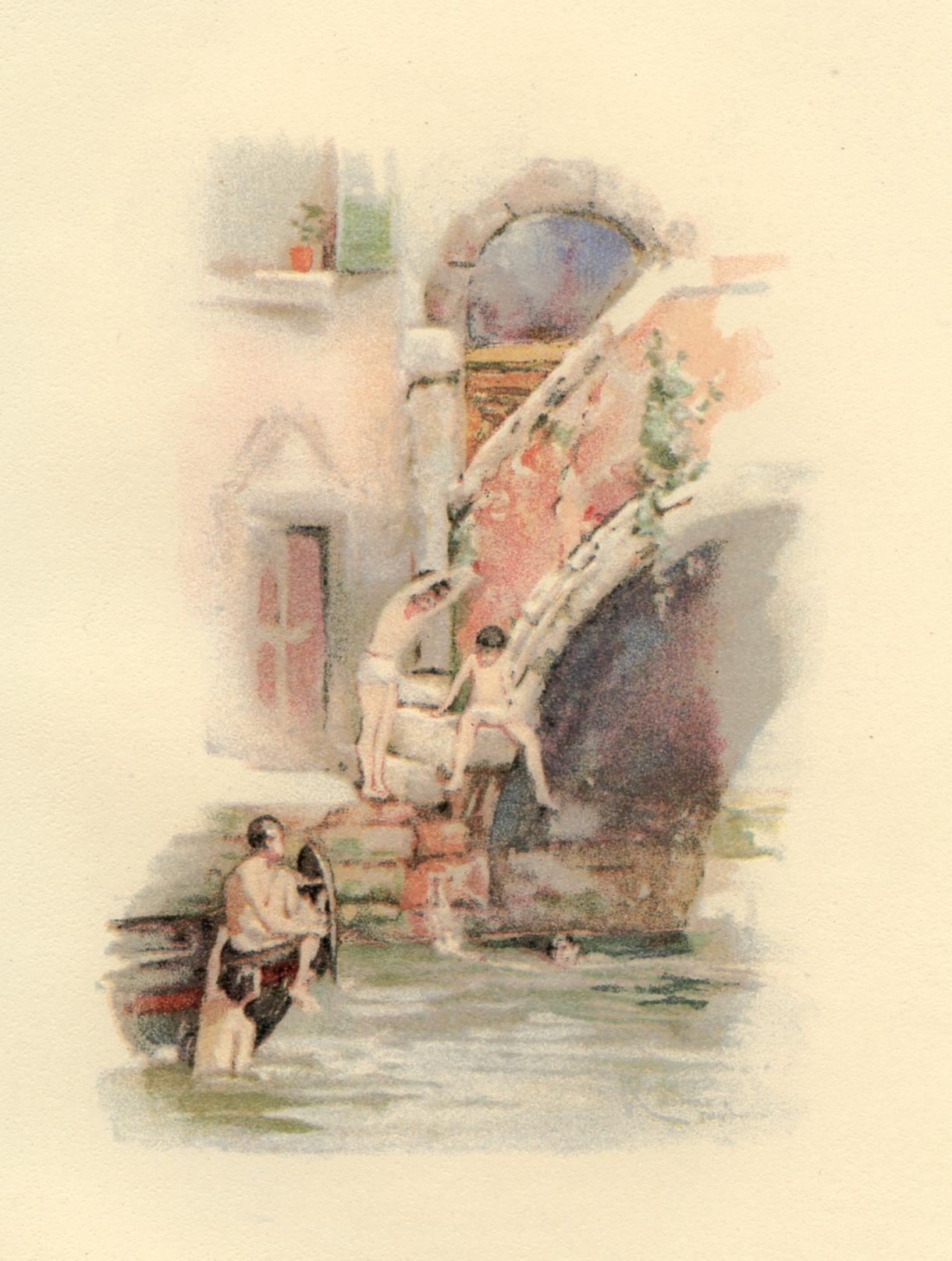 Medium: chromolithograph (after the watercolor). This delightful antique lithograph was published in a small edition in 1892 to illustrate a rare volume with scenes of Venetian life. A beautiful impression printed on cream wove paper. Image size: 3