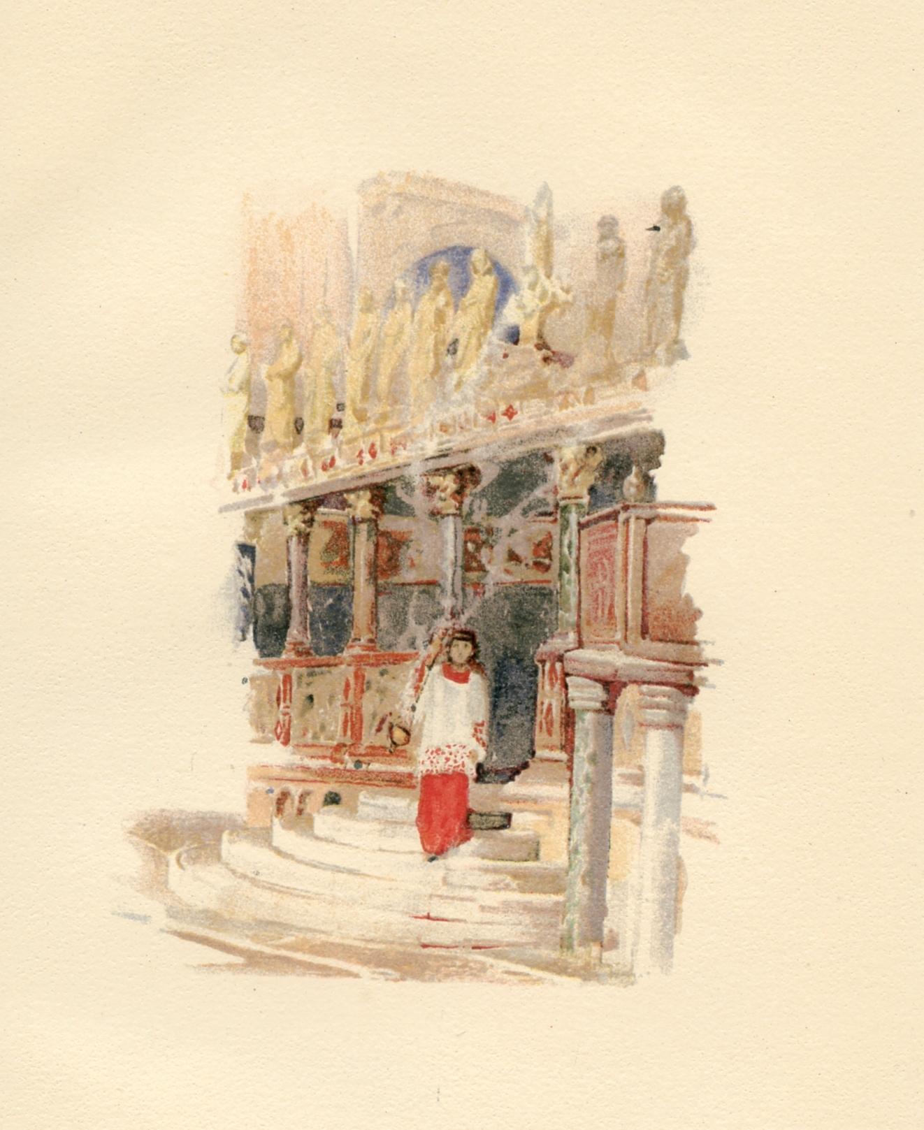 Medium: chromolithograph (after the watercolor). This delightful antique lithograph was published in a small edition in 1892 to illustrate a rare volume with scenes of Venetian life. A beautiful impression printed on cream wove paper. Image size: 3