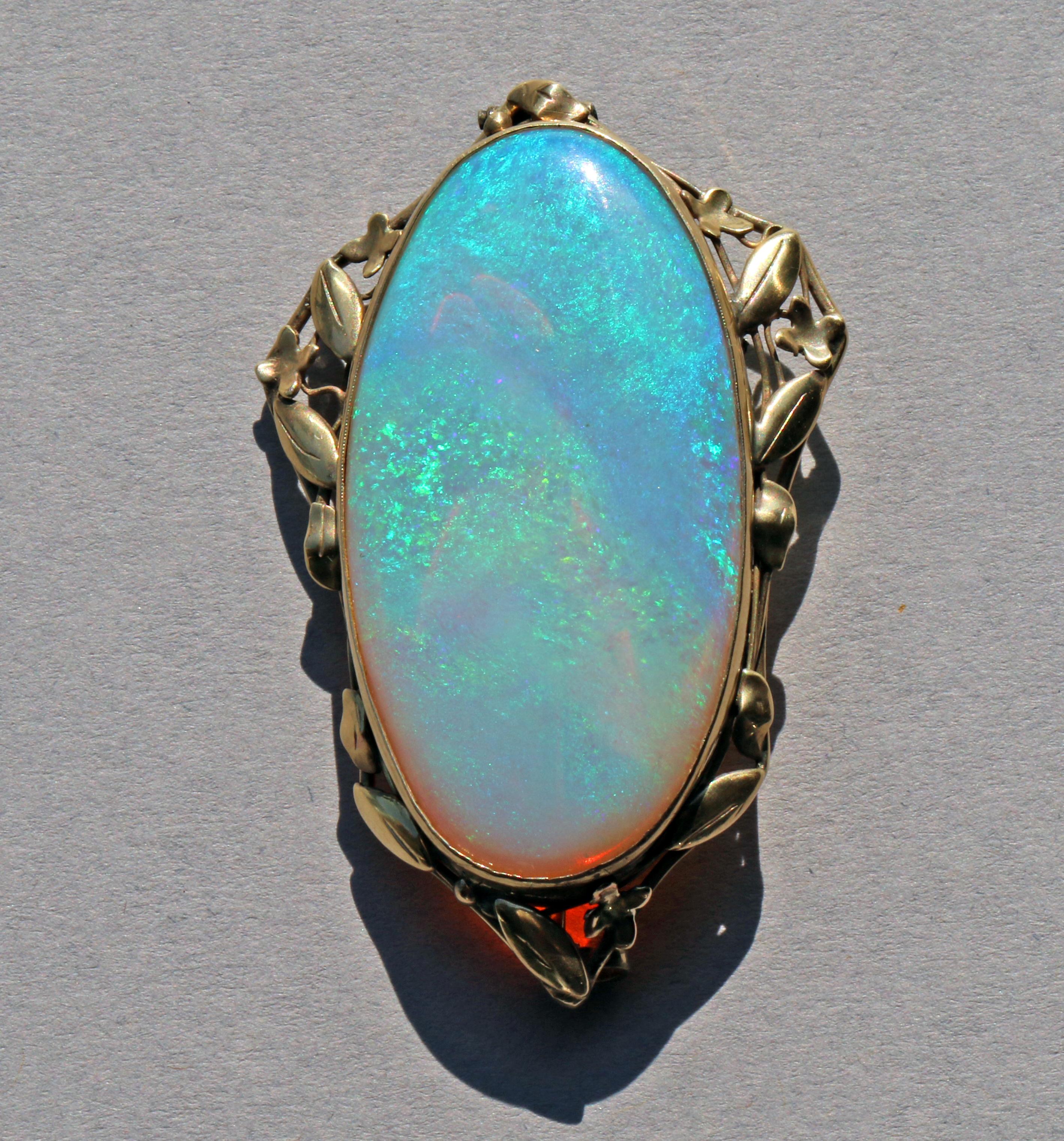 An impressive Arts & Crafts brooch by Rhoda Wager.
The fabulous precious opal is approximaety 60 carats, mounted in gold.
llustrated in our book:
Beatriz Chadour-Sampson & Sonya Newell-Smith, Tadema Gallery London Jewellery from the 1860s to 1960s,