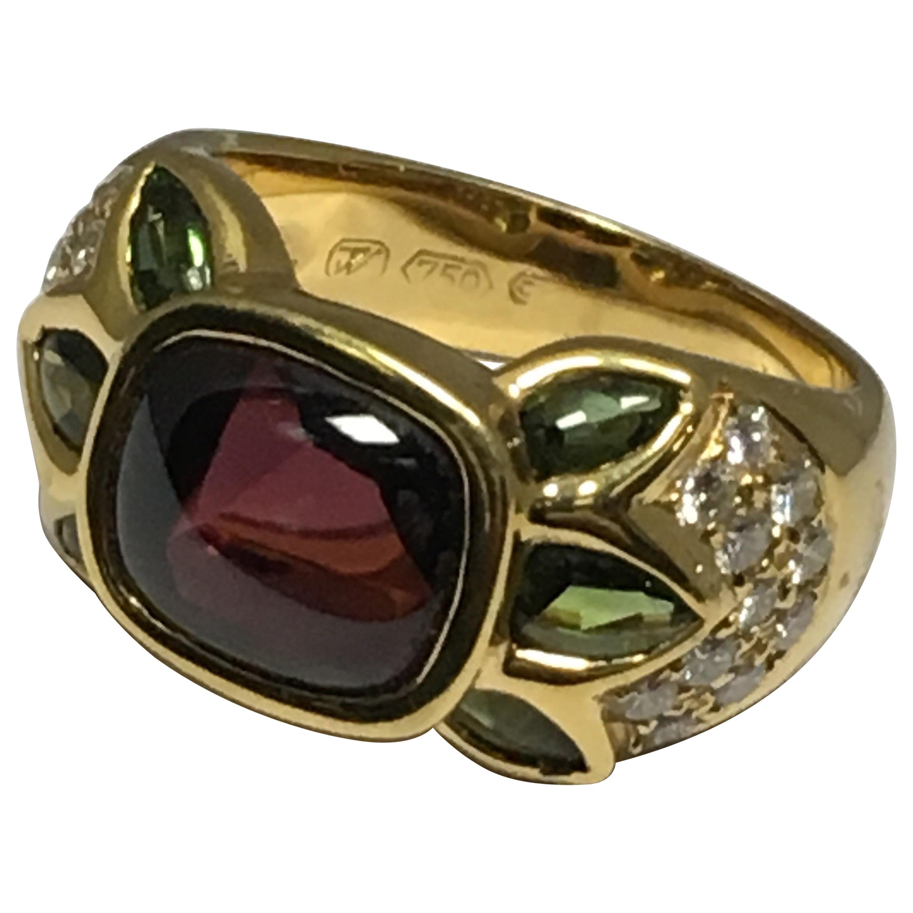 Rhodalite Garnet, Green Tourmaline, Diamond Ring set in 18 Karat Gold #21-11990 For Sale