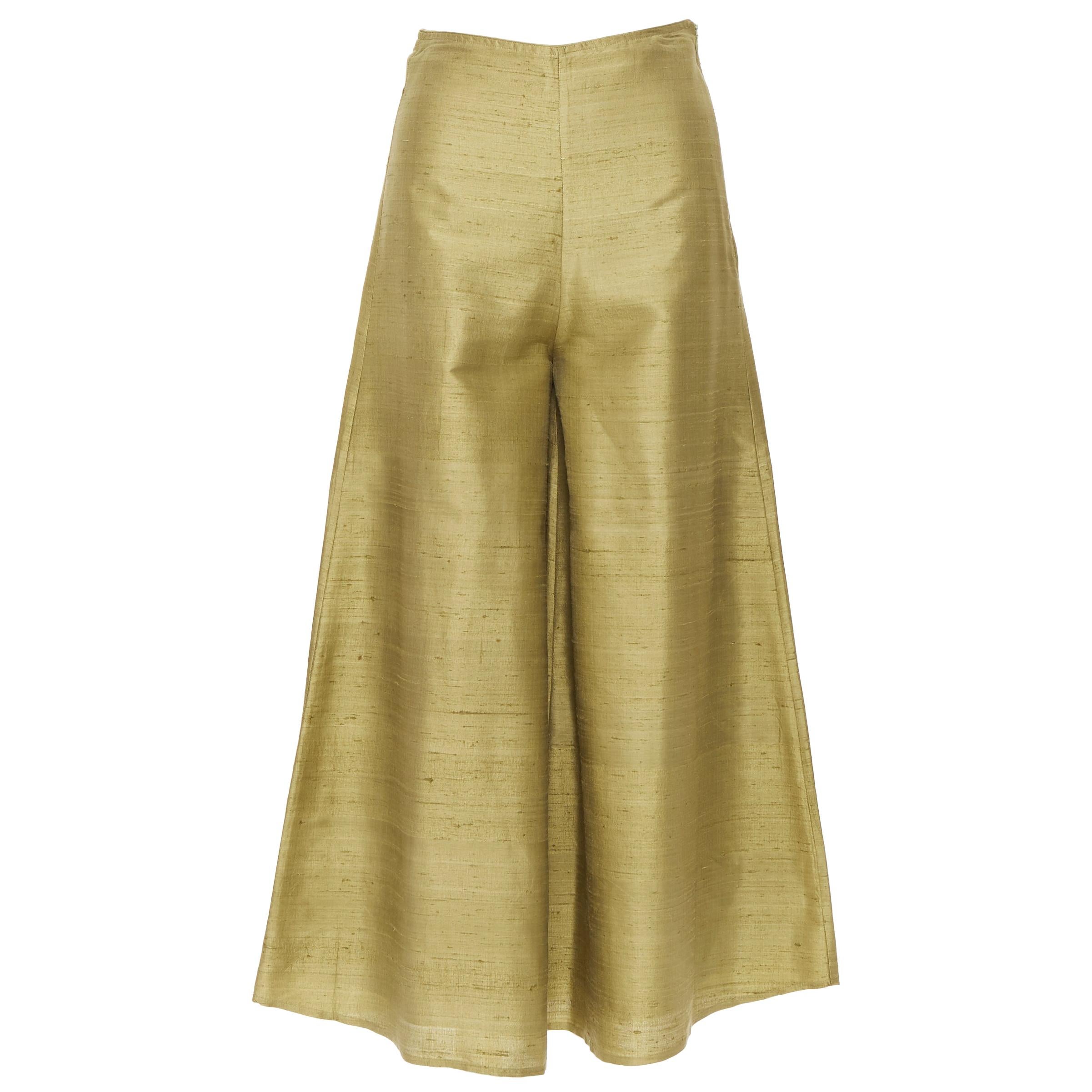 RHODE Resort 100% raw silk green wide flared trousers pants XS 26"