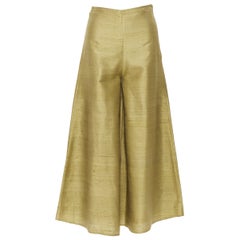 RHODE Resort 100% raw silk green wide flared trousers pants XS 26"