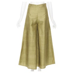 RHODE Resort 100% raw silk green wide flared trousers pants XS 26"