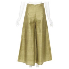 RHODE Resort 100% seta grezza verde, pantaloni larghi e svasati XS 26