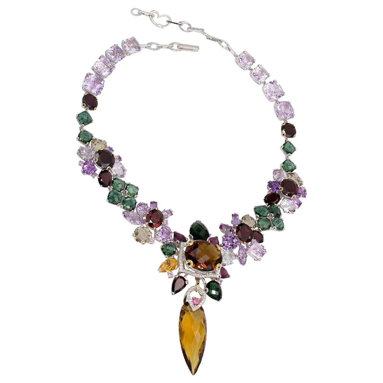 Rhodium and Gold-Plated Multi-Color Stone and Diamond Necklace For Sale