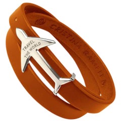 Rhodium and Orange Airplane leather bracelet 