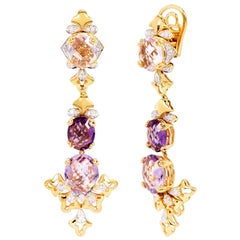 Rhodium and Yellow Gold-Plated Dangle Earrings with Pink and Purple Amethyst