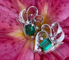 Rhodium Emerald Cut Green Tourmaline and Diamond 18 Karat White Gold Earrings