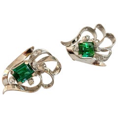 Rhodium Emerald Cut Green Tourmaline and Diamond 18 Karat White Gold Earrings