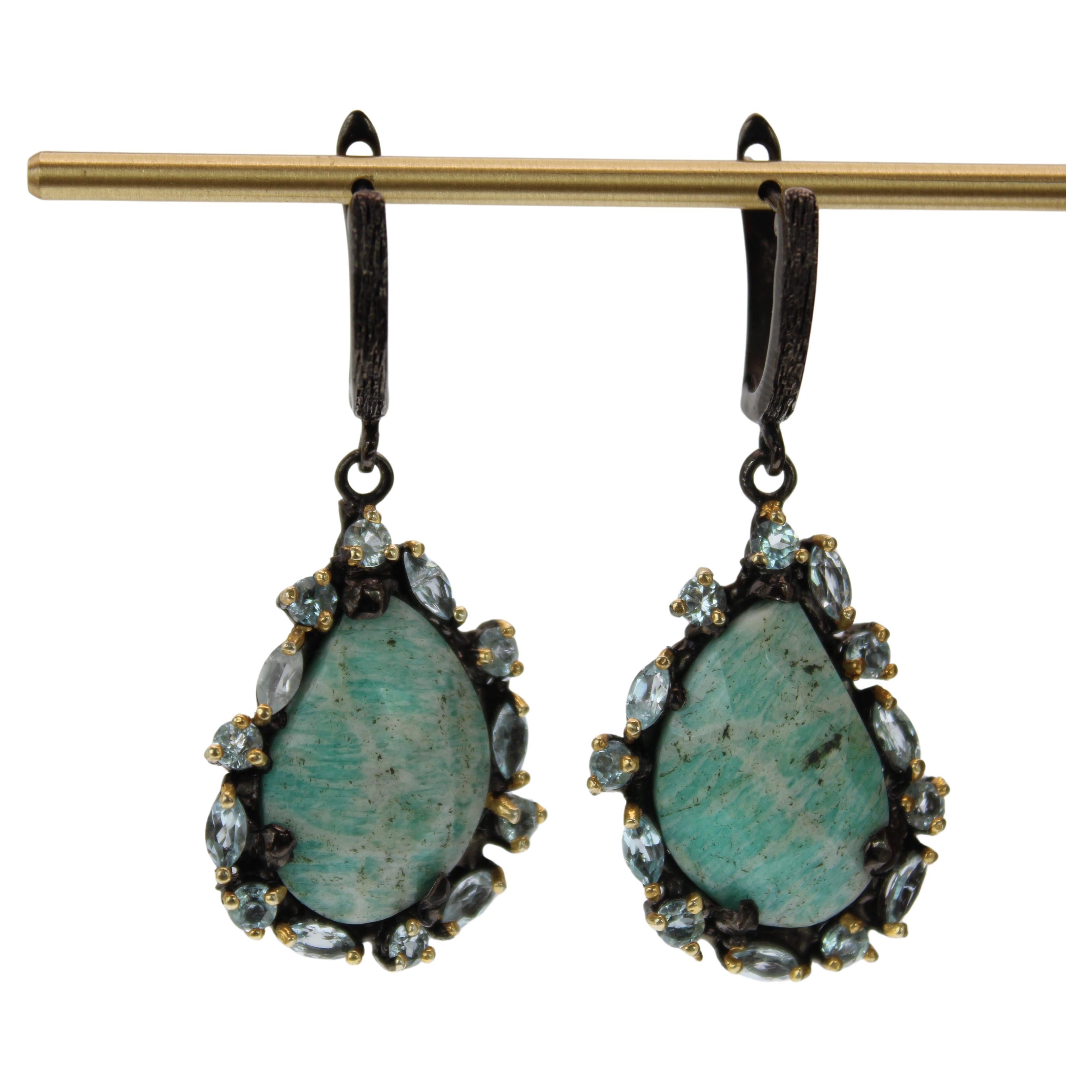 Rhodium & Gold Plated Agate, Topaz & Aquamarine Dangle Earrings  For Sale