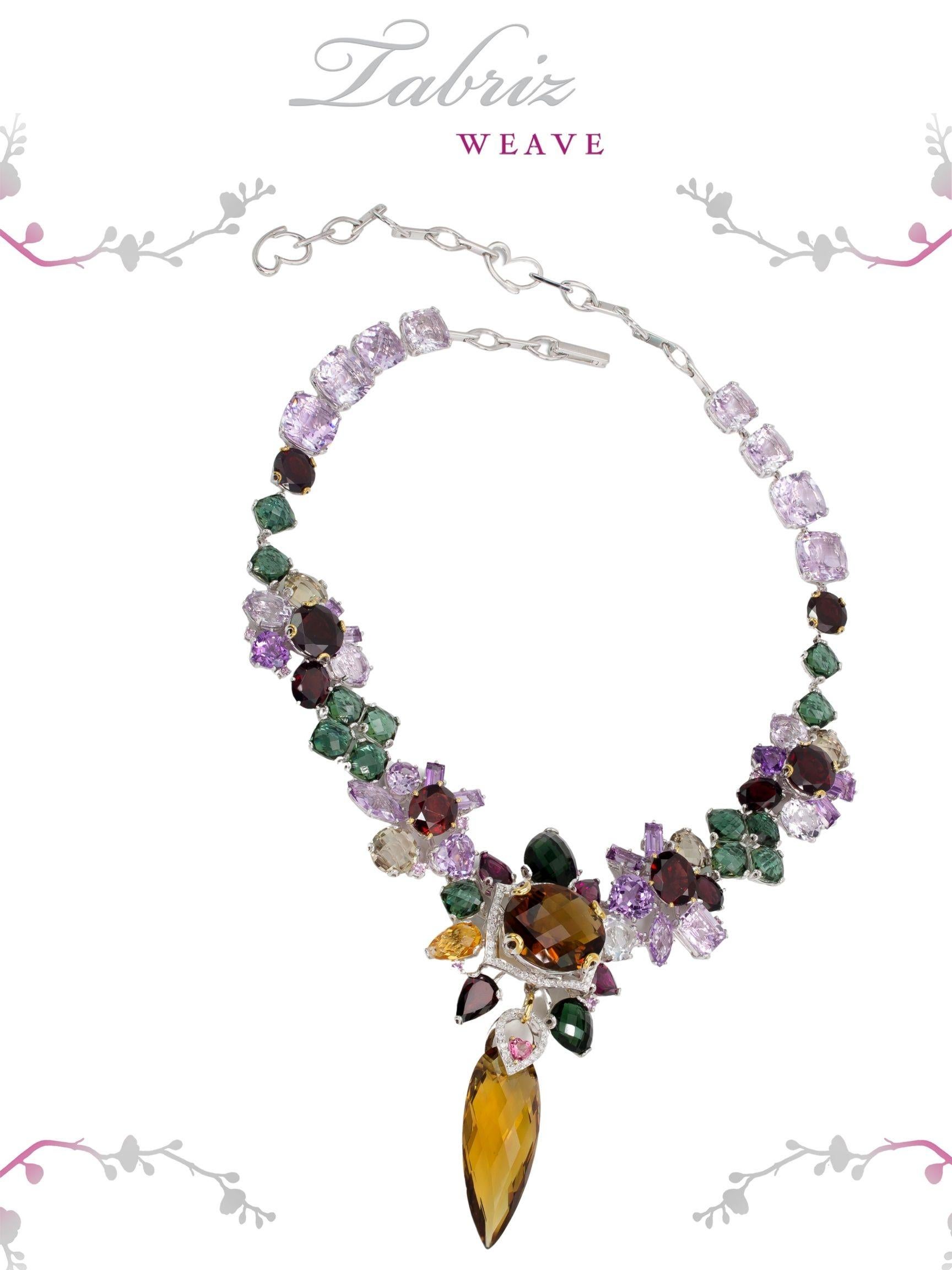 Mixed Cut Rhodium and Gold-Plated Multi-Color Stone and Diamond Necklace For Sale