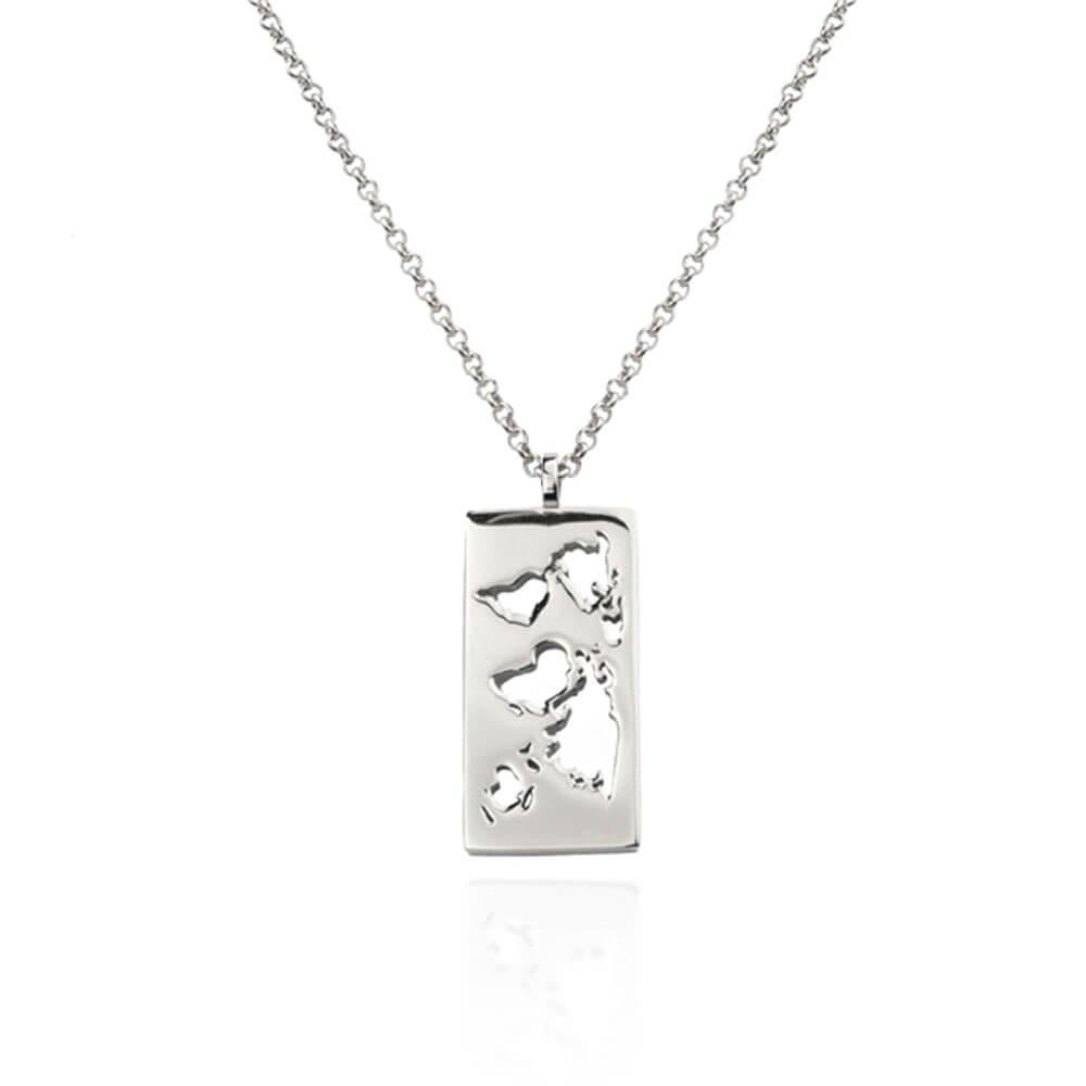 Rhodium Map Necklace with Laser Cutout World Pendant by Cristina Ramella In New Condition For Sale In Newark, DE