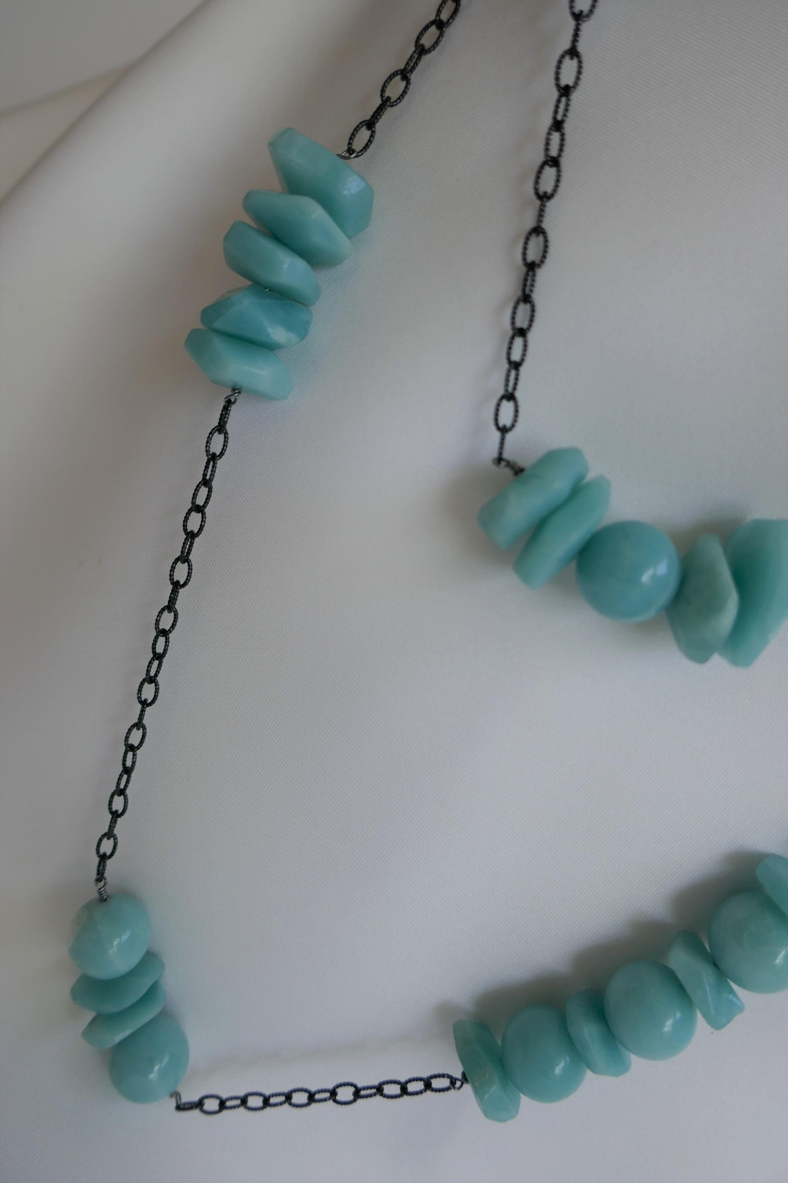 Contemporary Rhodium Oxidized Silver Chain Amazonite Long Gemstone Necklace For Sale