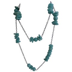 Rhodium Oxidized Silver Chain Amazonite Long Gemstone Necklace