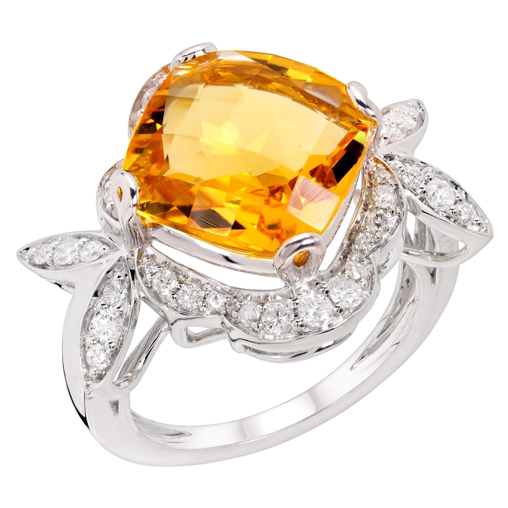 Rhodium-Plated 3.3 Carat Citrine and Diamond Cocktail Ring For Sale