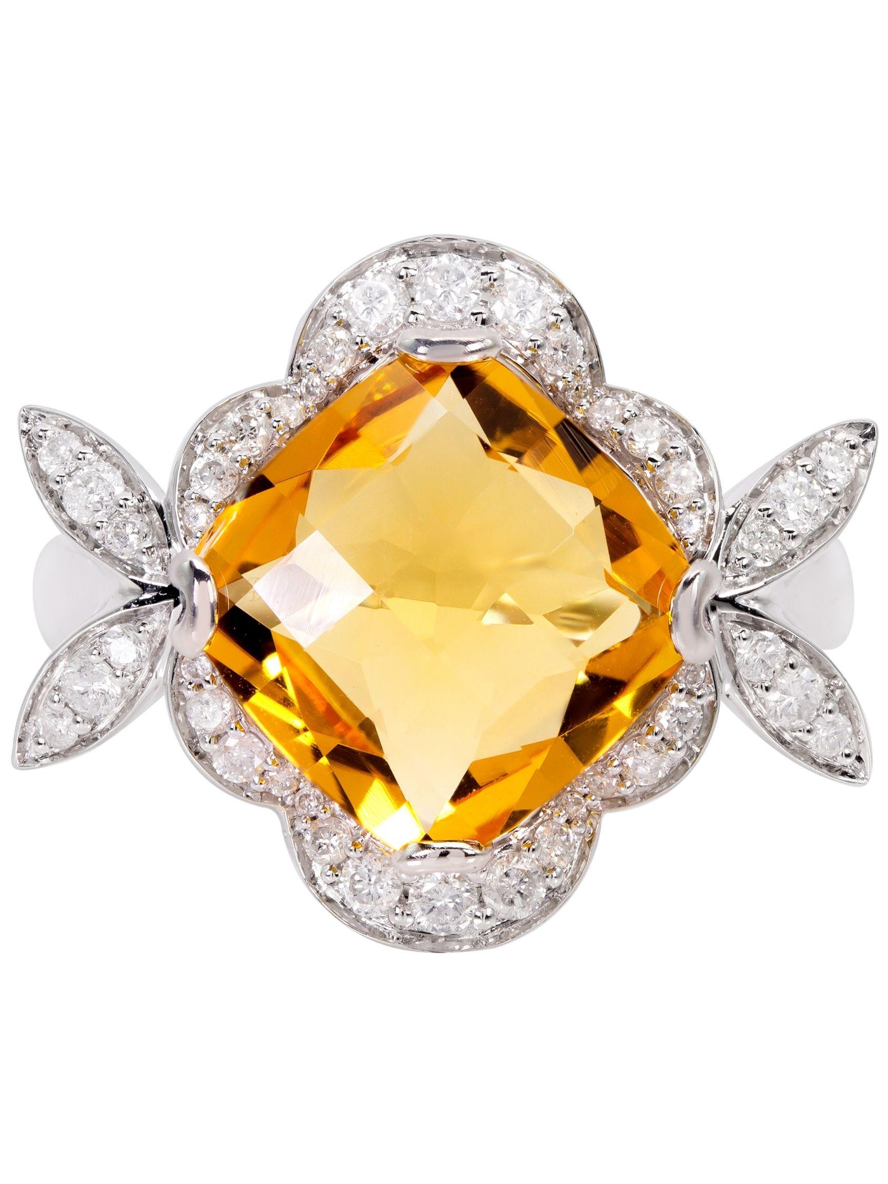 Cushion Cut Rhodium-Plated 3.3 Carat Citrine and Diamond Cocktail Ring For Sale