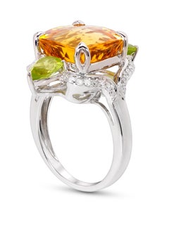 Rhodium-Plated 3.3 Carat Citrine, Peridot and Diamond Cocktail Ring