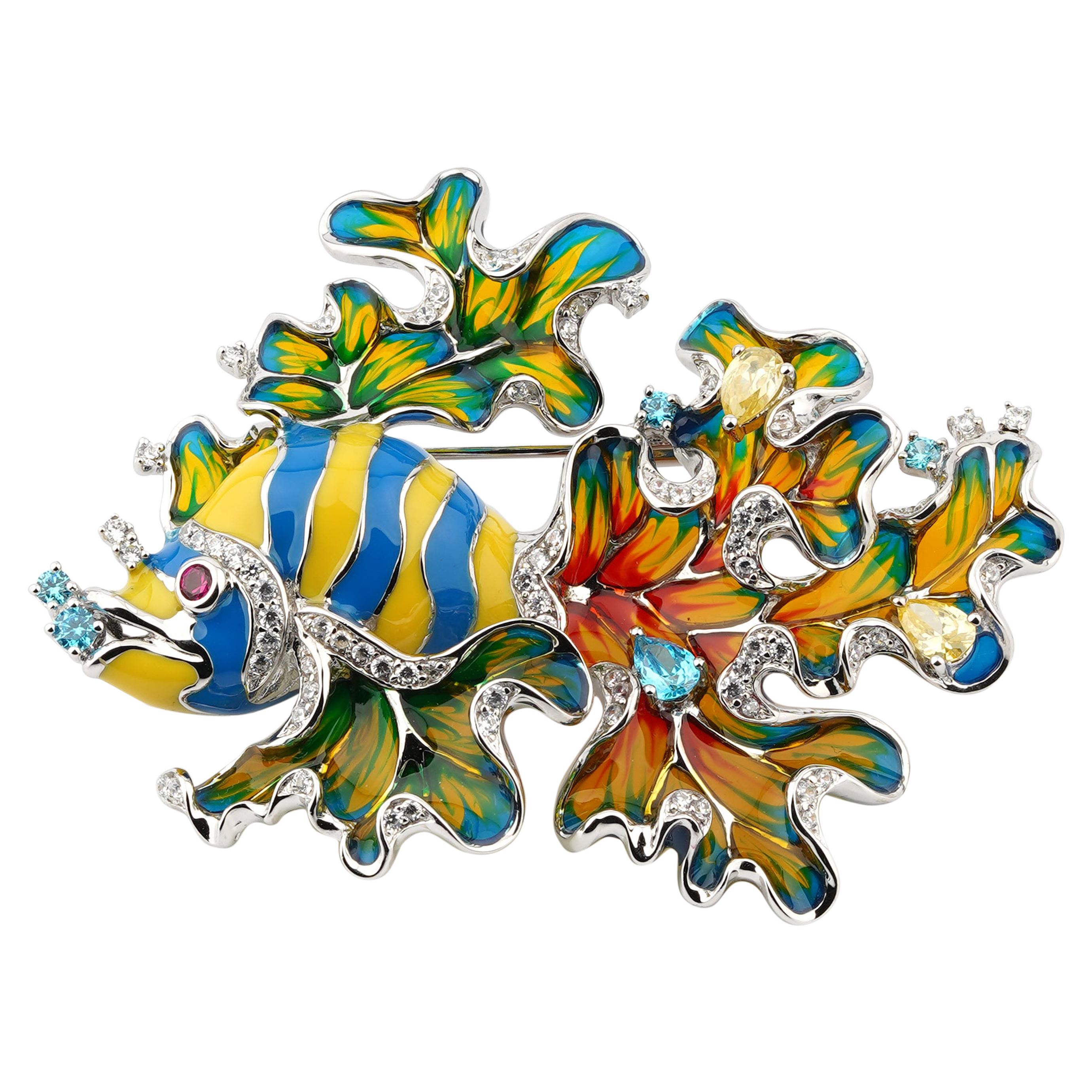 Rhodium Plated 925 Sterling Silver with Enamels Clownfish Shaped Brooch