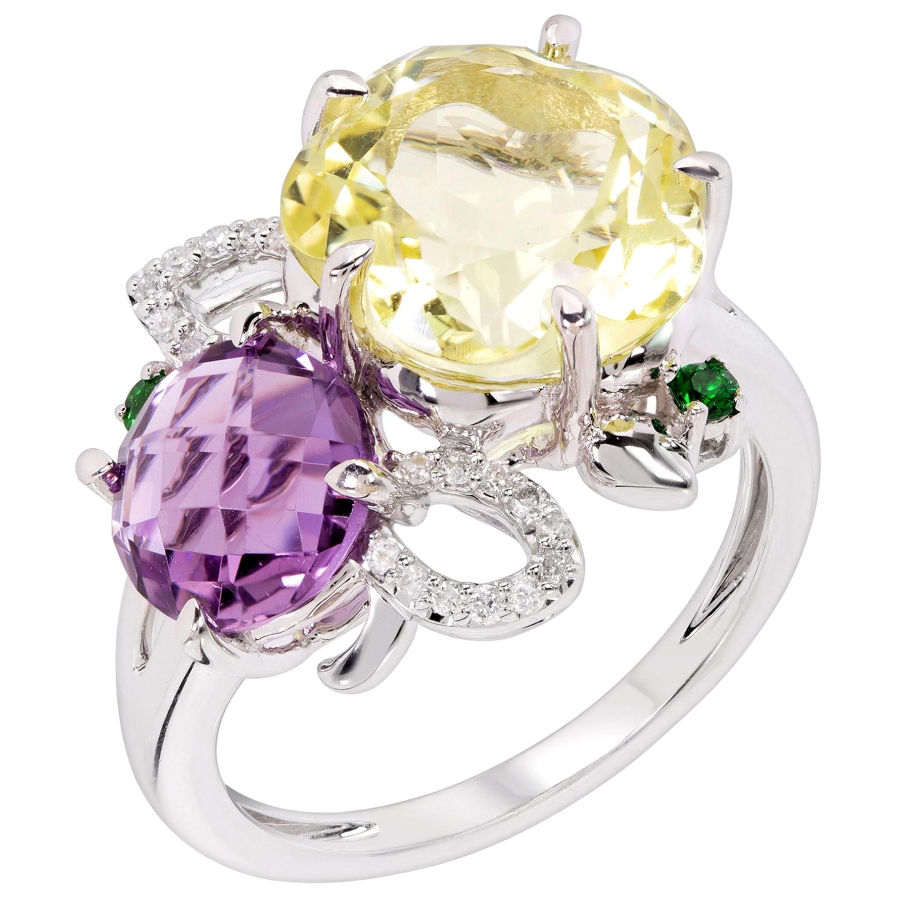 Rhodium-Plated Amethsyt, Lemon Quartz, Tsavorite and Diamonds Fashion Ring For Sale