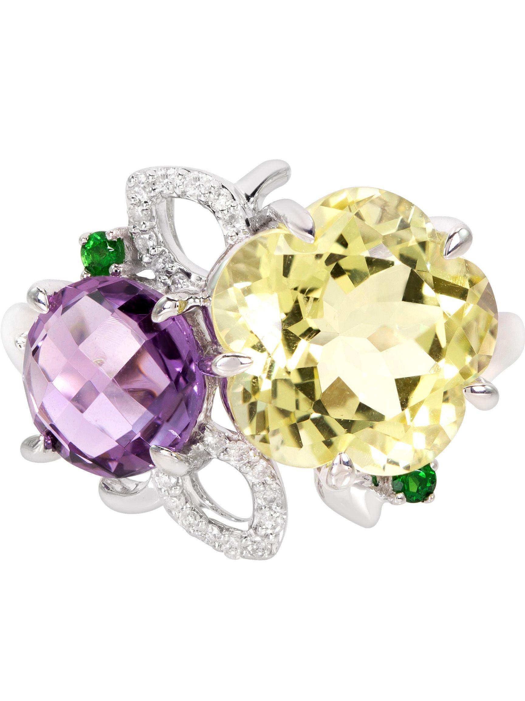 Mixed Cut Rhodium-Plated Amethsyt, Lemon Quartz, Tsavorite and Diamonds Fashion Ring For Sale