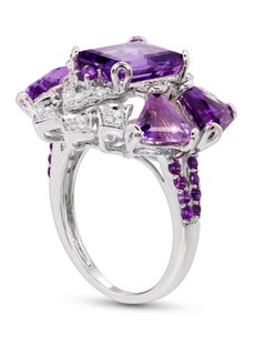 Rhodium-Plated Amethyst and Diamonds Fashion Ring