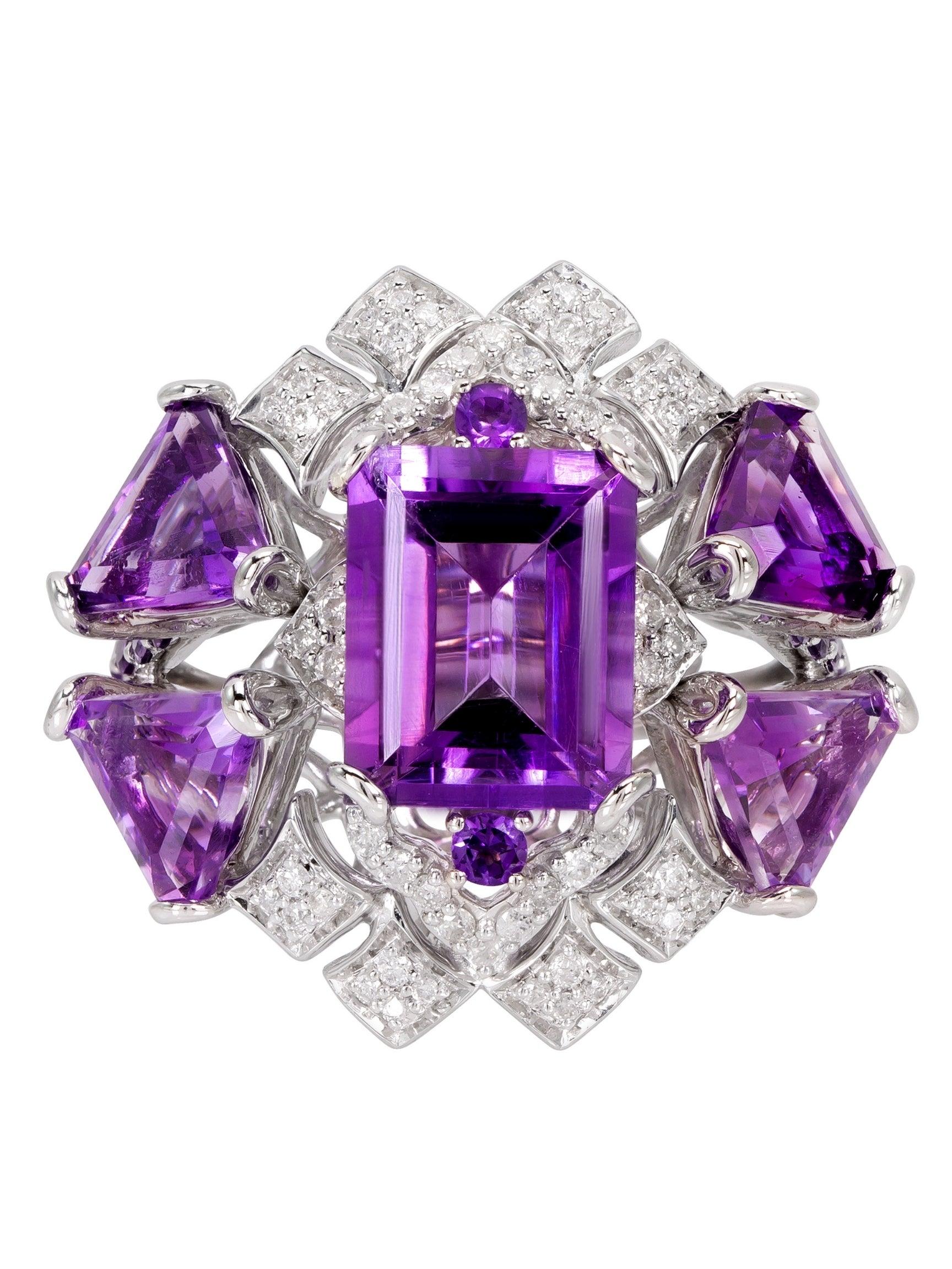 For Sale:  Rhodium-Plated Amethyst and Diamonds Fashion Ring 3