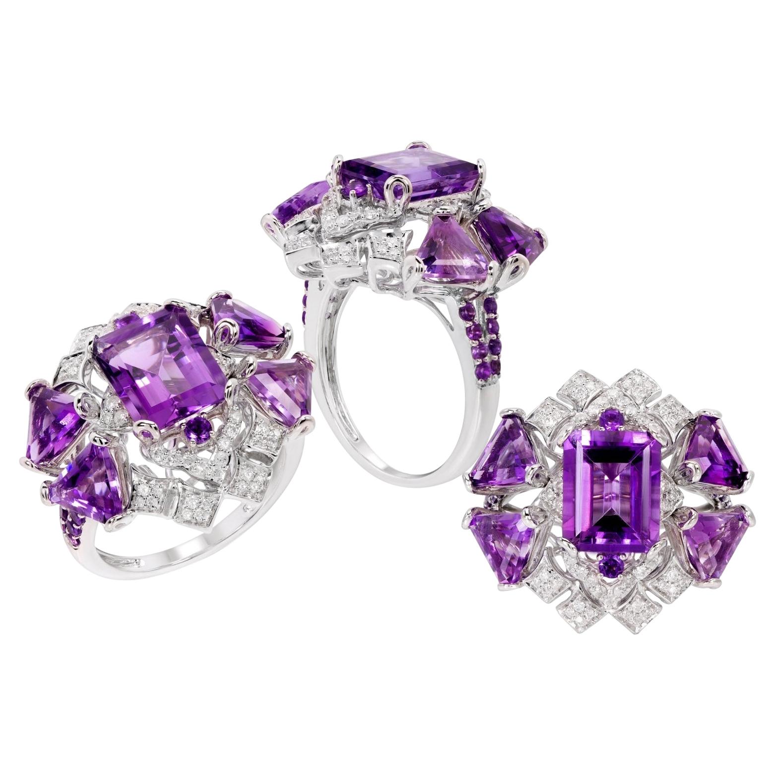 For Sale:  Rhodium-Plated Amethyst and Diamonds Fashion Ring