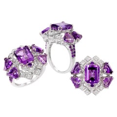 Rhodium-Plated Amethyst and Diamonds Fashion Ring