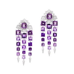 Rhodium-Plated Chandelier Earrings with Amethyst and Diamonds