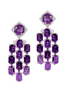 Rhodium-Plated Chandelier Earrings with Amethyst and Diamonds