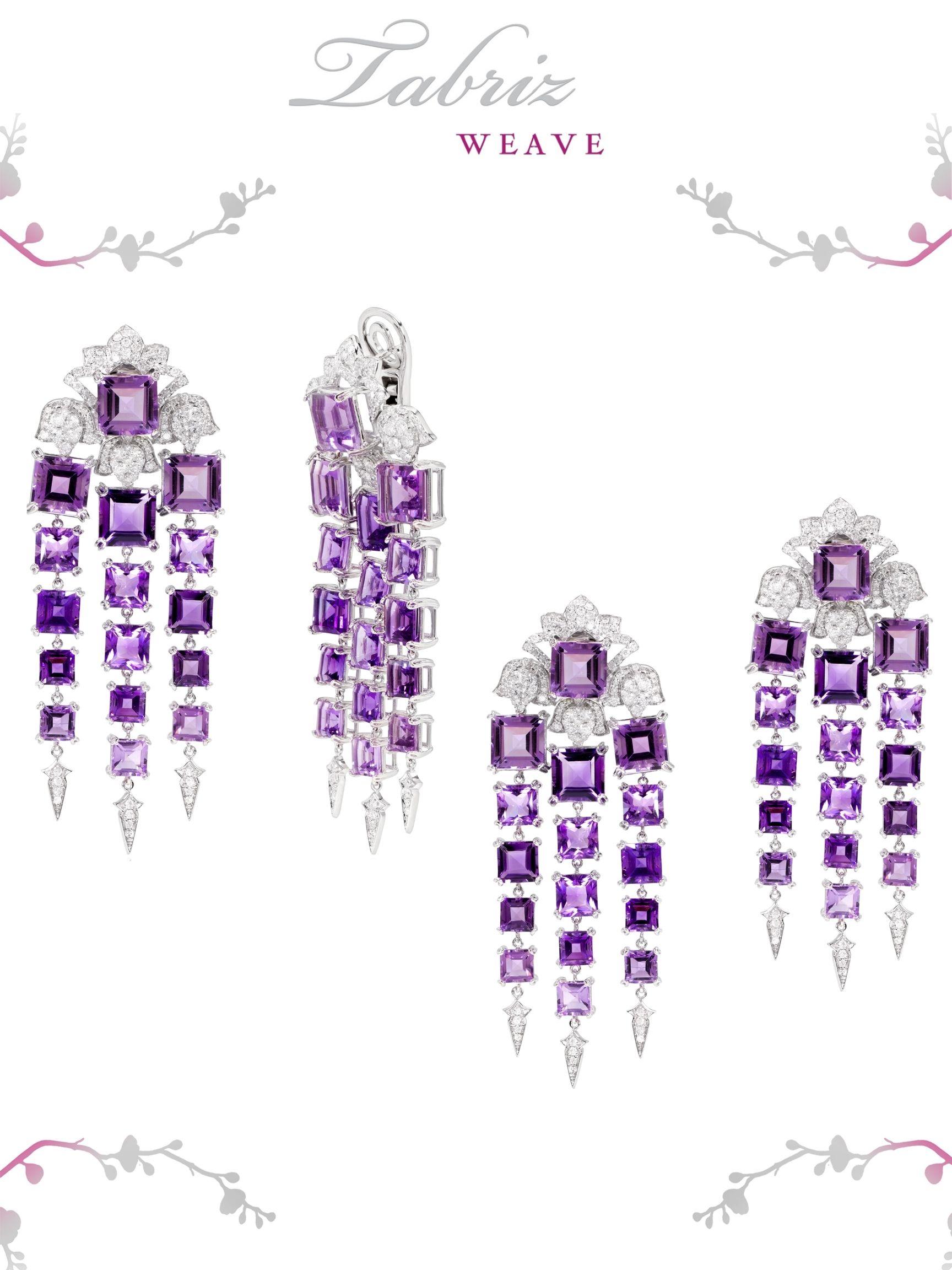 Square Cut Rhodium-Plated Chandelier Earrings with Amethyst and Diamonds For Sale