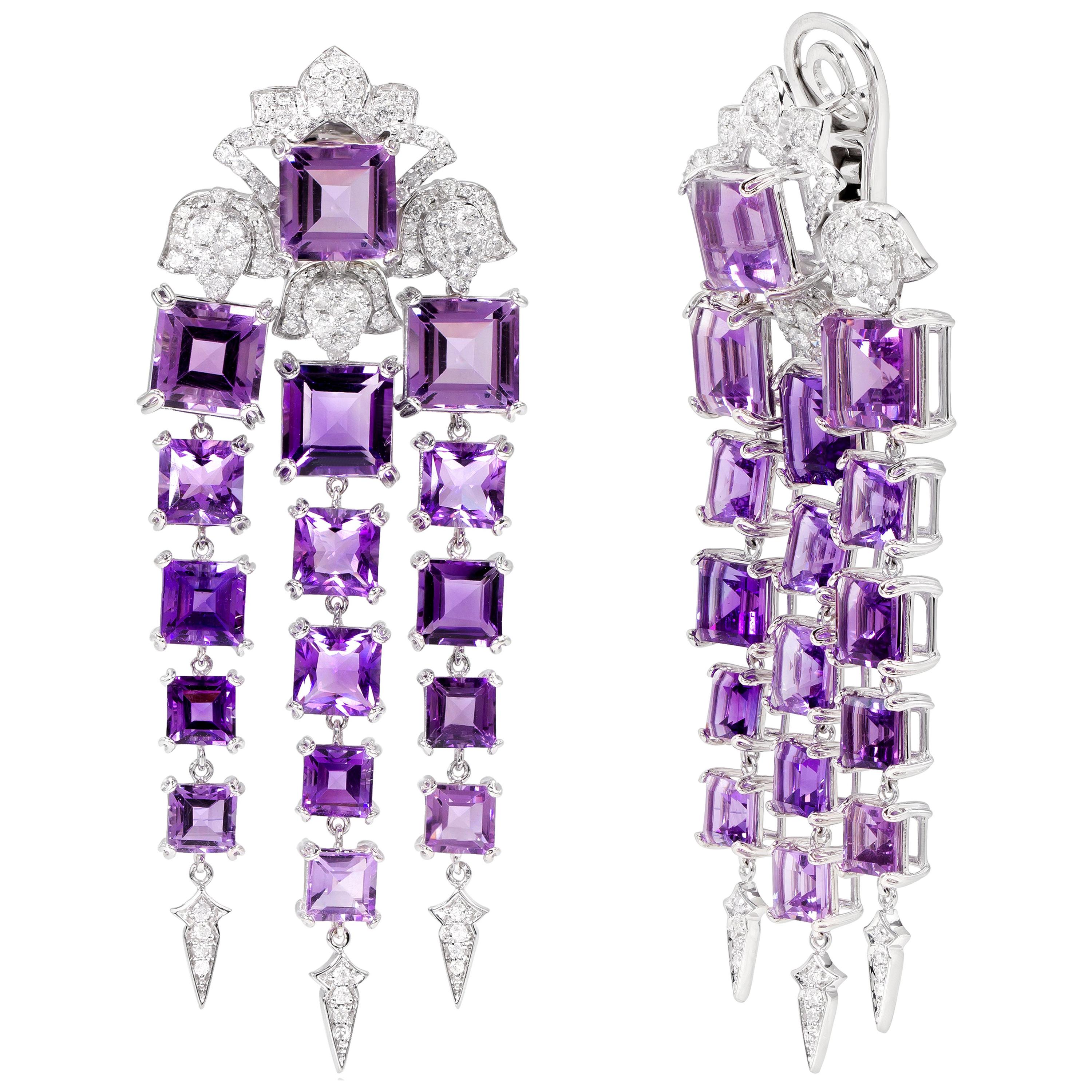 Rhodium-Plated Chandelier Earrings with Amethyst and Diamonds For Sale