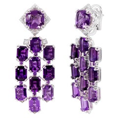 Rhodium-Plated Chandelier Earrings with Amethyst and Diamonds